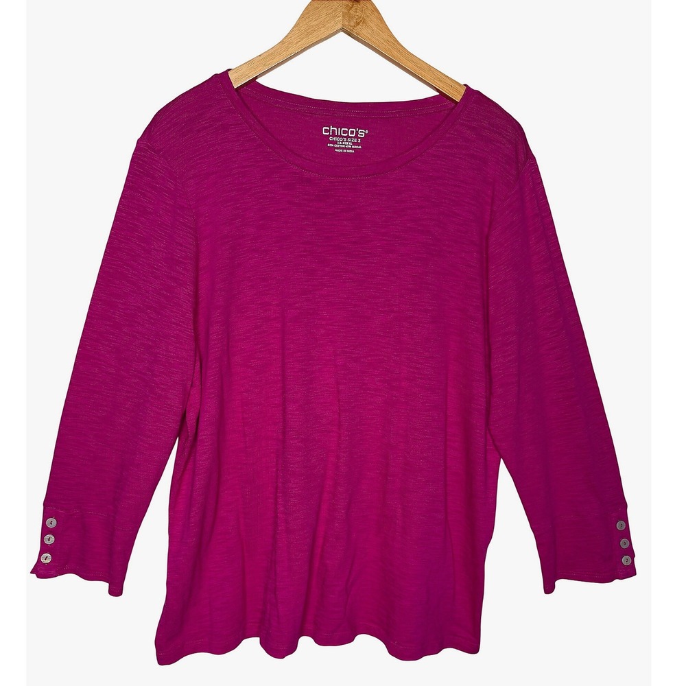Chico's Ultimate Tee Size XL Magenta 3/4 Sleeve Button Cuff Cotton Modal Top